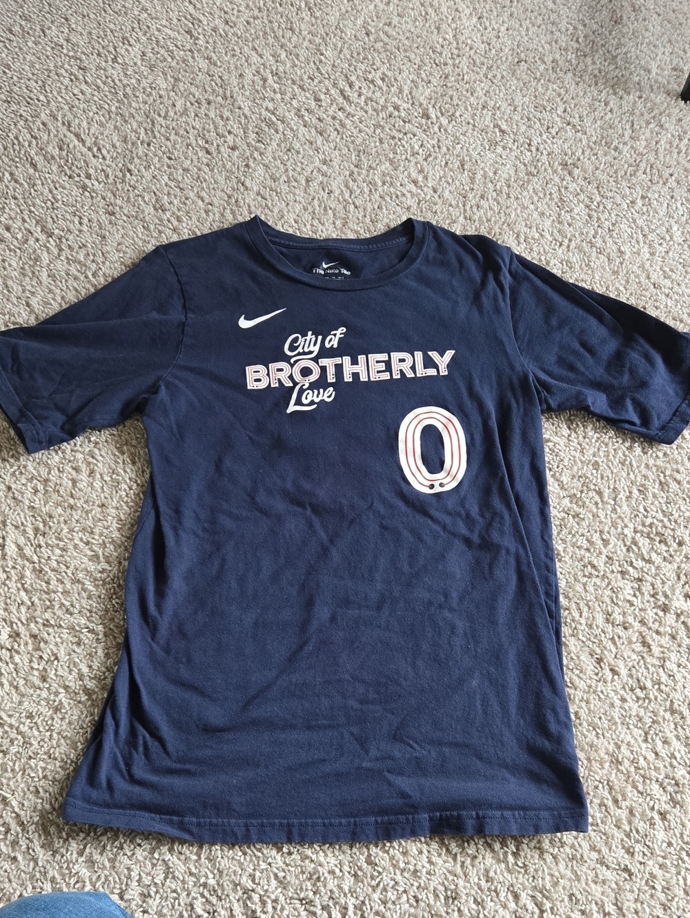 Nike Navy Blue Graphic 'Brotherly Love' Tee Sixers Maxey Philly